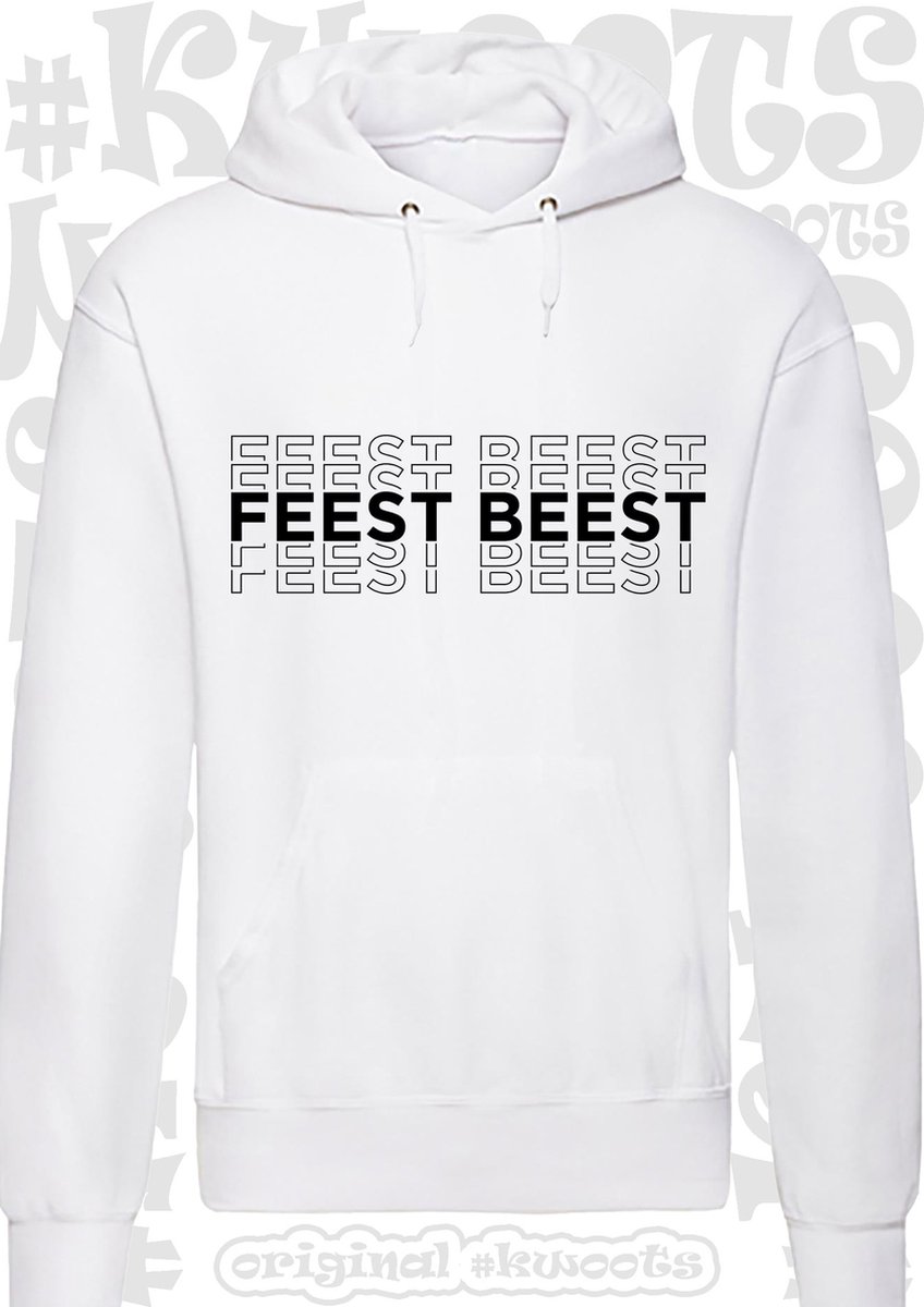 FEEST BEEST heren hoodie - Wit - Maat L - lange mouwen - Met capuchon - leuke hoodies - grappig - humor - quotes - kwoots - party animal