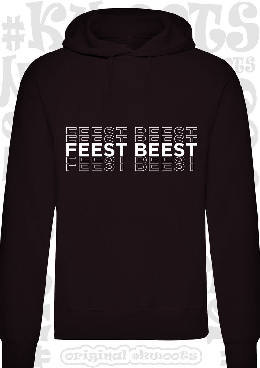 FEEST BEEST heren hoodie - Zwart - Maat L - lange mouwen - Met capuchon - leuke hoodies - grappig - humor - quotes - kwoots - party animal