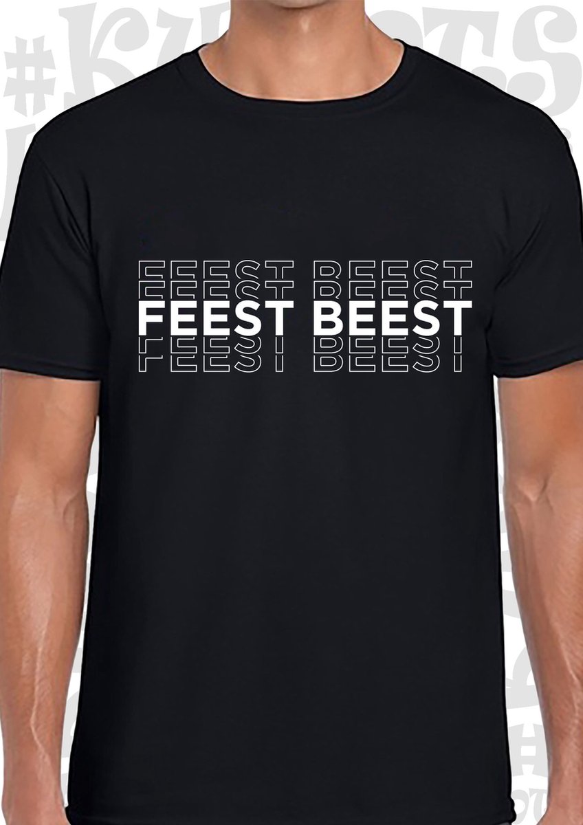 FEEST BEEST heren t-shirt - Zwart - Maat XXL - korte mouwen - leuke shirtjes - grappig - humor - quotes - kwoots - party animal