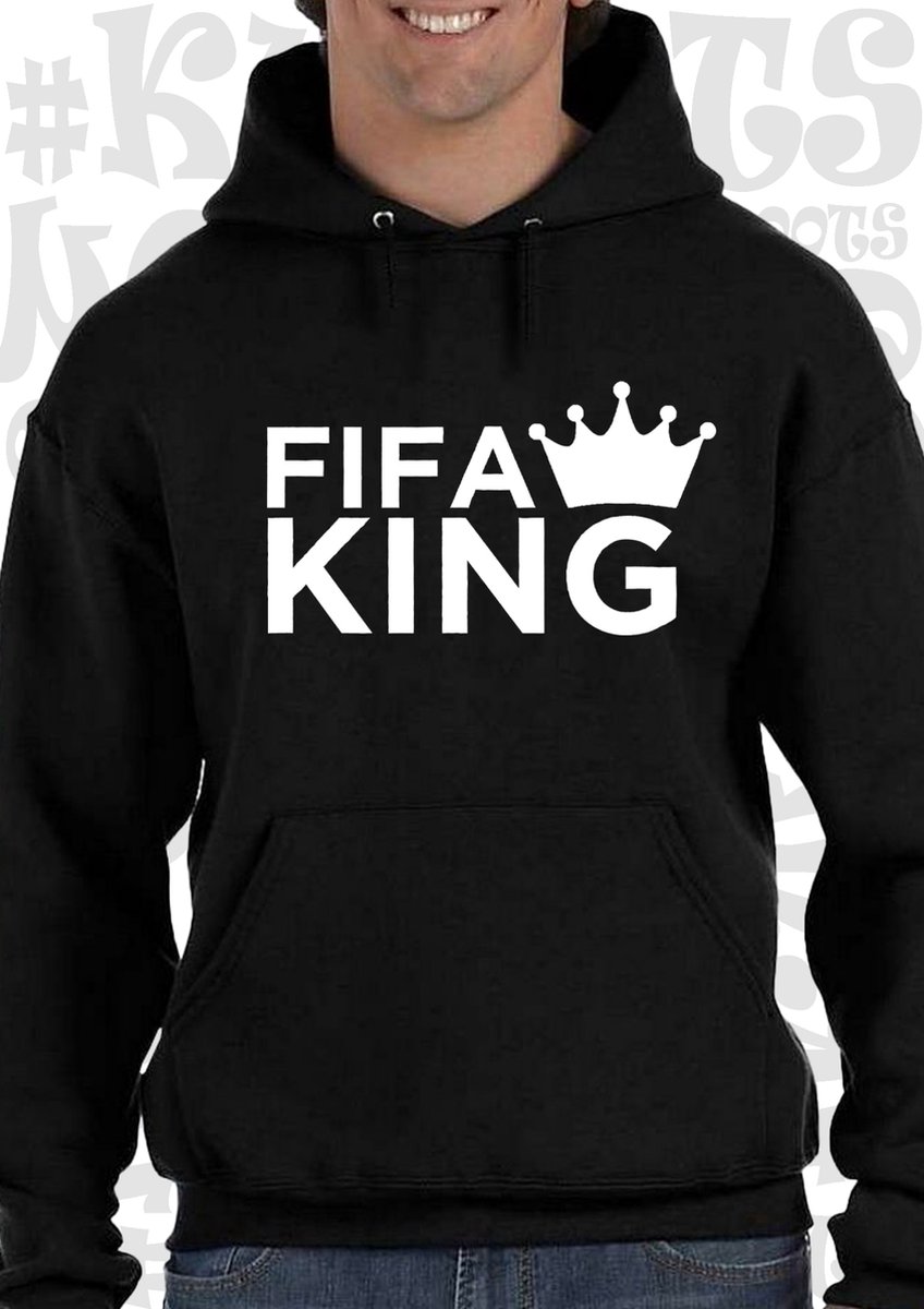 FIFA KING heren hoodie - Zwart - Maat XL - lange mouwen - met capuchon - grappige teksten - leuke hoodies - humor - quotes - kwoots - voetbal - kampioen - trui - sweater