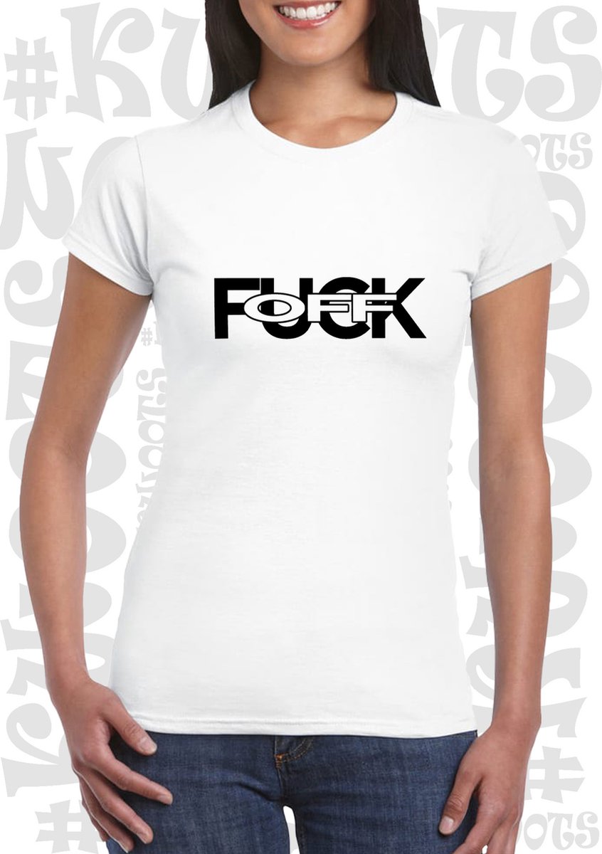 FUCK OFF damesshirt - Wit met zwarte design - Maat L - Korte mouwen - Ronde hals - Aansluitende zijnaden - Grappige teksten - leuke shirts - humor - quotes - kwoots - kado - cadeau - Opzouten nou