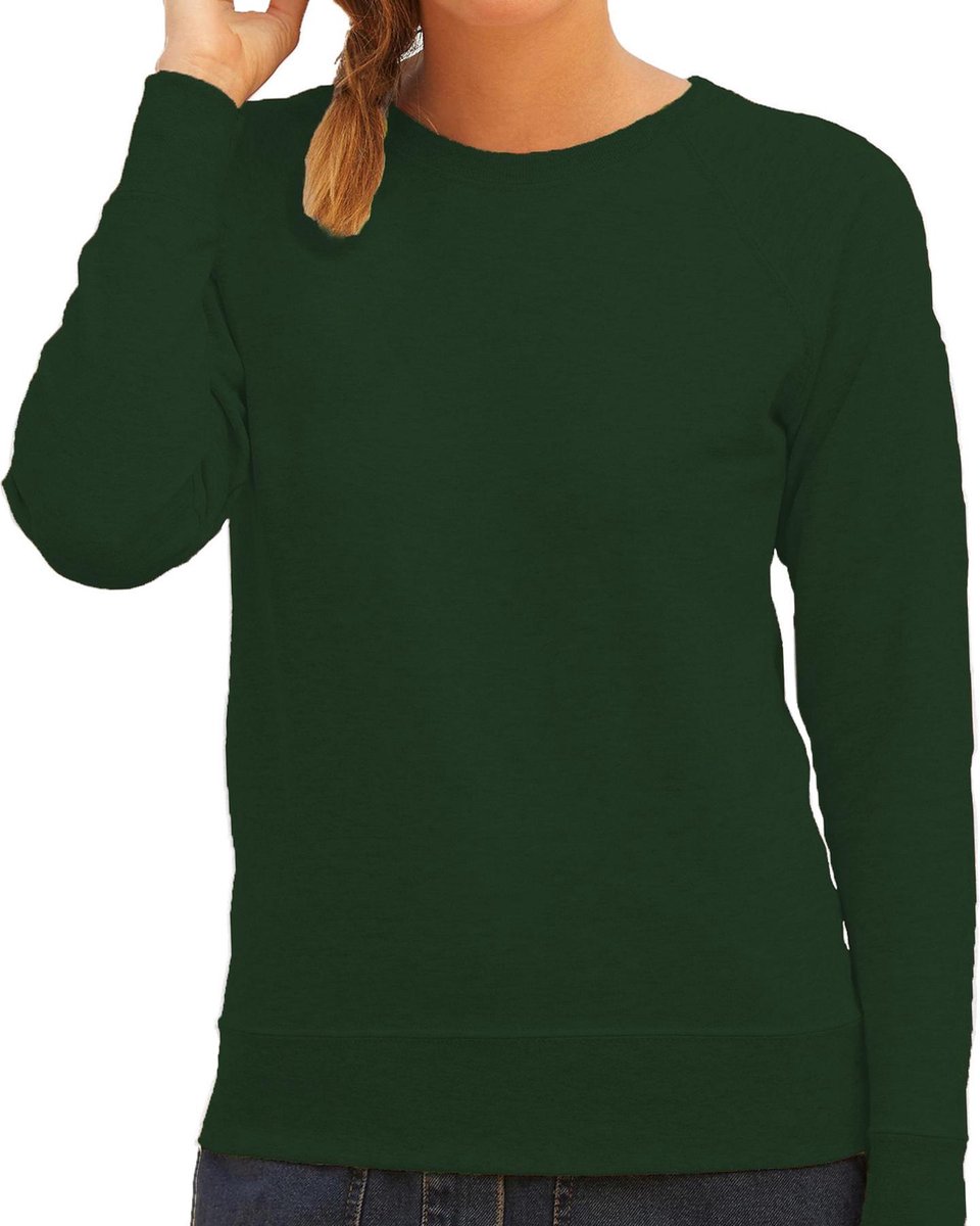 Groene sweater / sweatshirt trui met raglan mouwen en ronde hals voor dames - groen / donkergroen - basic sweaters XS (34)