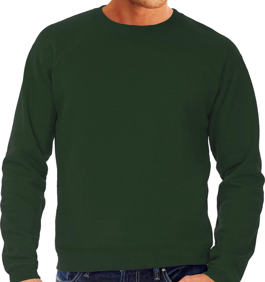 Groene sweater / sweatshirt trui met raglan mouwen en ronde hals voor heren - groen / donkergroen- basic sweaters S (EU 48)