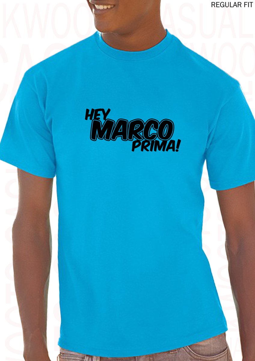 HEY MARCO PRIMA! herenshirt – Maat 3XL - Azuurblauw met zwart - Korte mouwen - Ronde hals - Regular Fit - Grappige teksten - Original Kwoots - Humor - Tekst shirt - Cadeau - TikTok