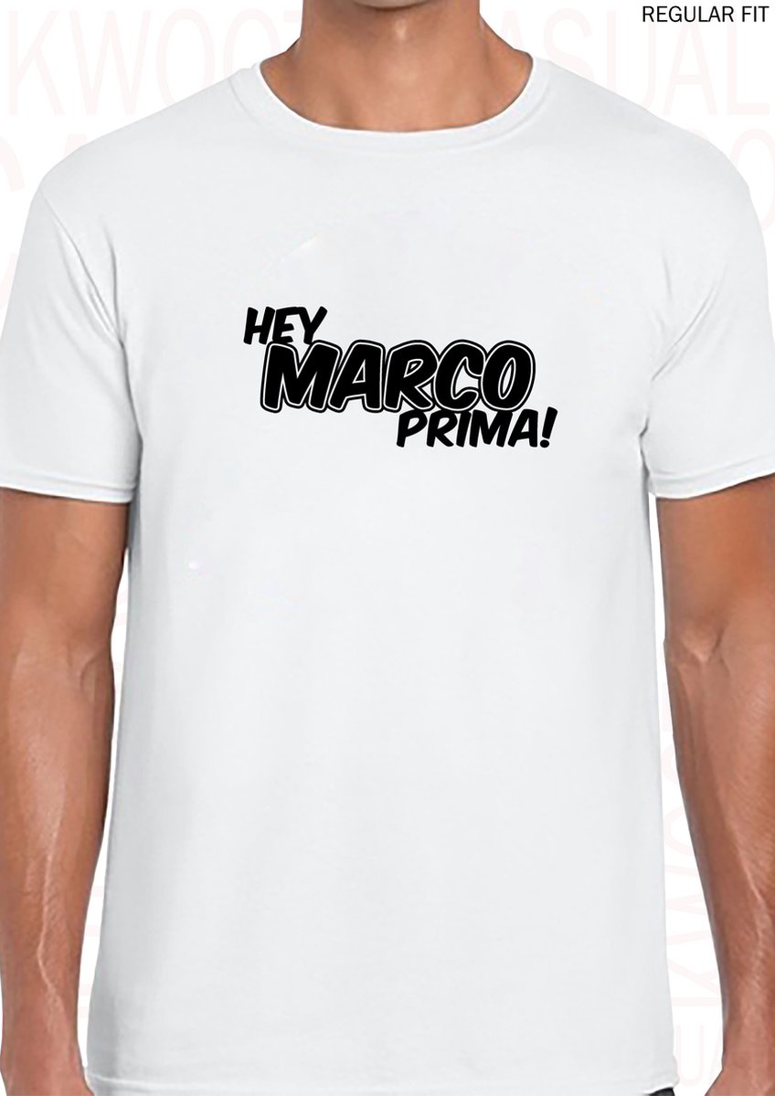 HEY MARCO PRIMA! herenshirt – Maat 3XL - Wit - Korte mouwen - Ronde hals - Regular Fit - Grappige teksten - Original Kwoots - Humor - Tekst shirt - Cadeau - TikTok