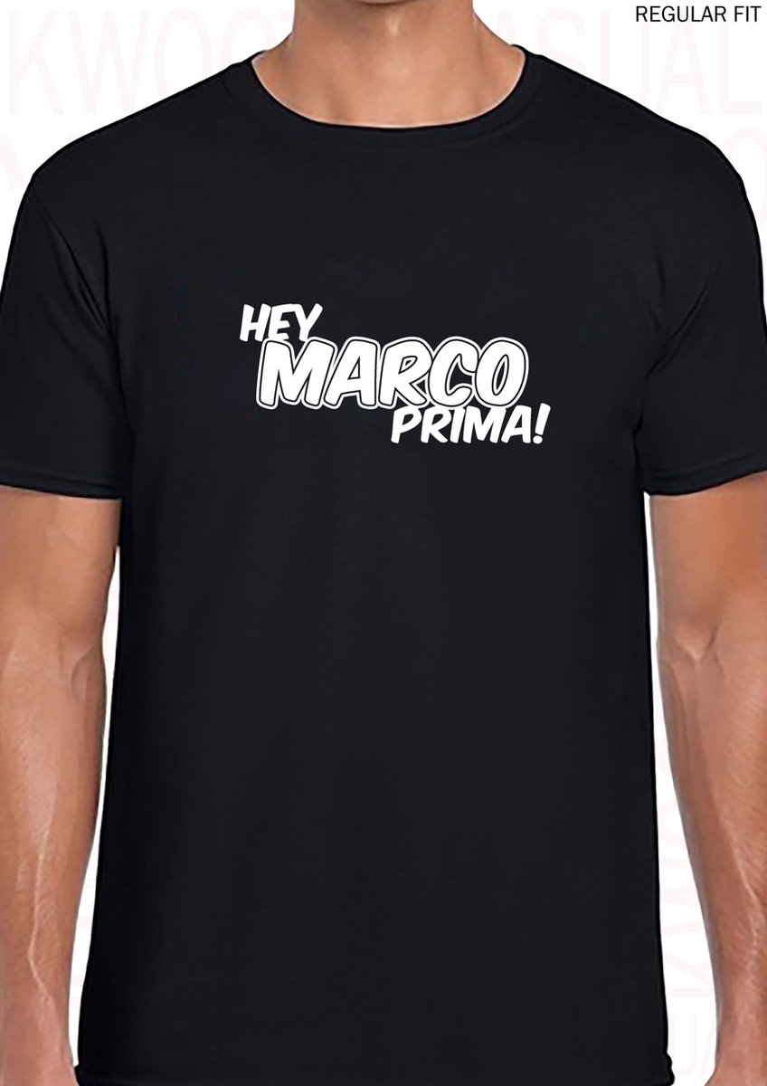 HEY MARCO PRIMA! herenshirt – Maat L - Zwart - Korte mouwen - Ronde hals - Regular Fit - Grappige teksten - Original Kwoots - Humor - Tekst shirt - Cadeau - TikTok