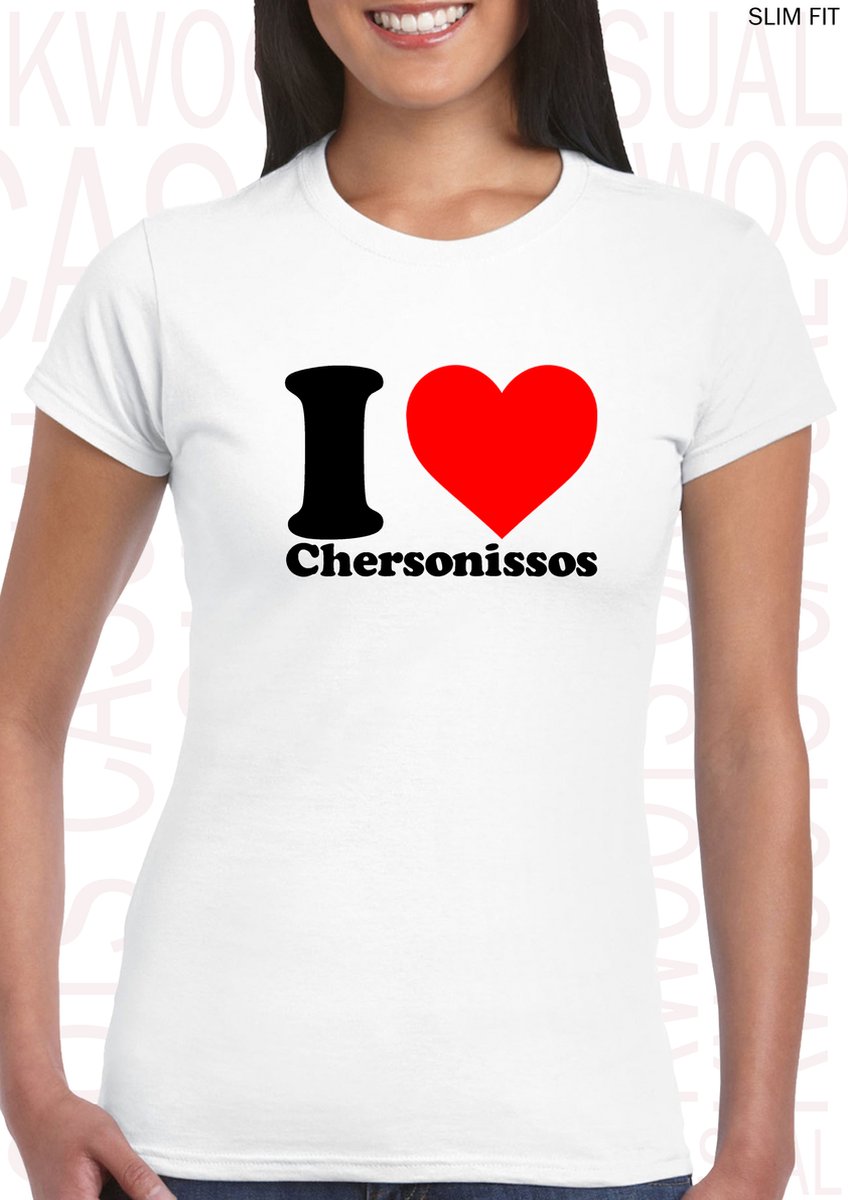 I LOVE CHERSONISSOS damesshirt - Wit - Maat L - Slim Fit - Korte mouwen - Ronde hals - Aansluitende zijnaden - Grappige teksten - Leuke shirts - Quotes - Kwoots - Kado - Cadeau - Feest vieren op Kreta - Griekenland - Laat de zomer maar beginnen