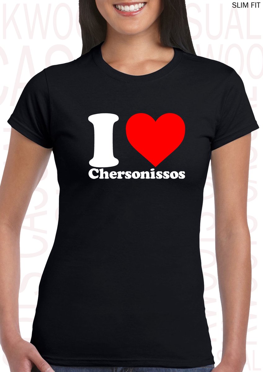 I LOVE CHERSONISSOS damesshirt - Zwart - Maat M - Slim Fit - Korte mouwen - Ronde hals - Aansluitende zijnaden - Grappige teksten - Leuke shirts - Quotes - Kwoots - Kado - Cadeau - Feest vieren op Kreta - Griekenland - Laat de zomer maar beginnen