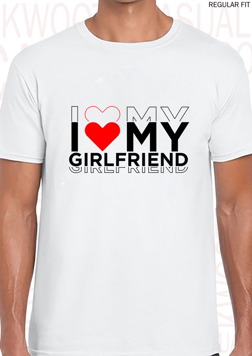 I LOVE MY GIRLFRIEND heren t-shirt - Wit - Maat M - Korte mouwen - Ronde hals - Regular Fit - Leuke shirtjes - Quotes - Kwoots - Valentine - Valentijnsdag - Liefdesverklaring