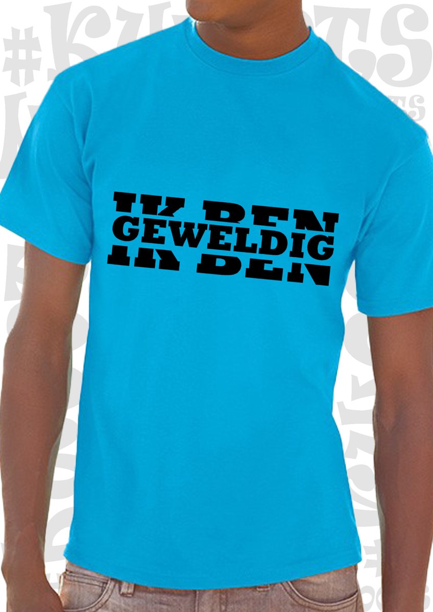 IK BEN GEWELDIG heren t-shirt - Azuurblauw met zwart - Maat L - korte mouwen - grappige teksten - leuke shirtjes - humor - quotes - kwoots - kado - cadeau - Arrogant