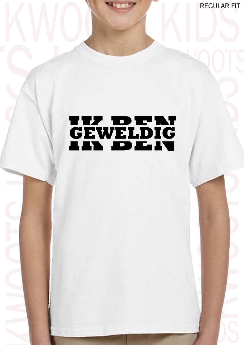 IK BEN GEWELDIG kids t-shirt - Wit - Maat 104 - Unisex - Korte mouwen - Ronde hals - Regular Fit - Grappige teksten - Leuke shirtjes - Humor - Quotes - Kwoots  - Cadeau - Voor zowel jongens als meisjes