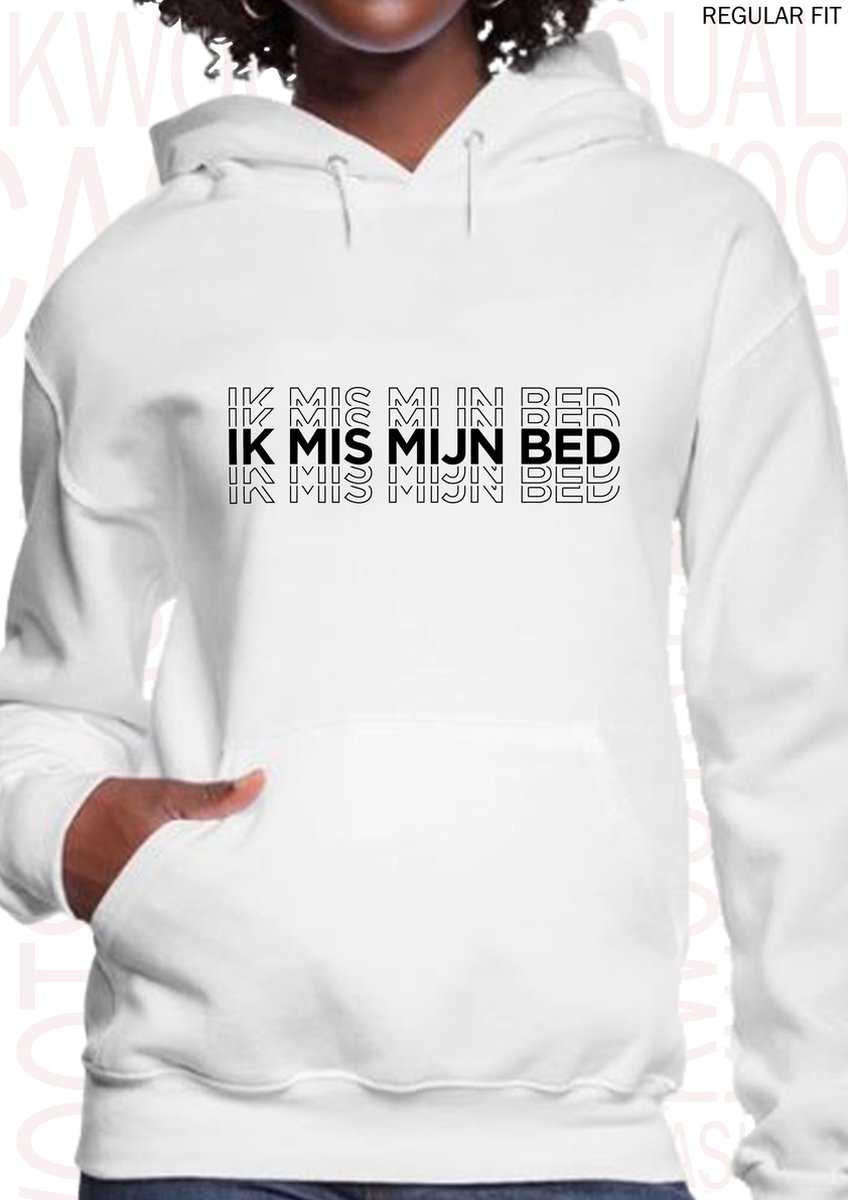 IK MIS MIJN BED dames hoodie - Wit - Maat M - Lange mouwen - Met capuchon & steekzakken - Regular Fit - Grappige teksten - Leuke hoodies - Humor - Quotes - Kwoots - Cadeau - Slapen is mijn hobby