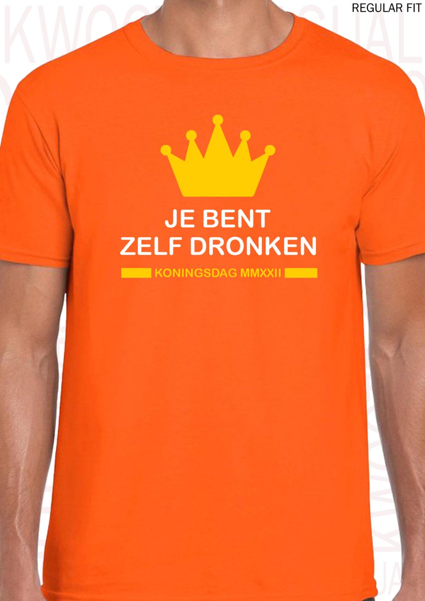 JE BENT ZELF DRONKEN heren t-shirt - Koningsdag - Oranje met wit - Maat 3XL - Korte mouwen - Ronde hals - Regular Fit - 27 april 2022 - Quotes - Kwoots - Lang leve de Koning