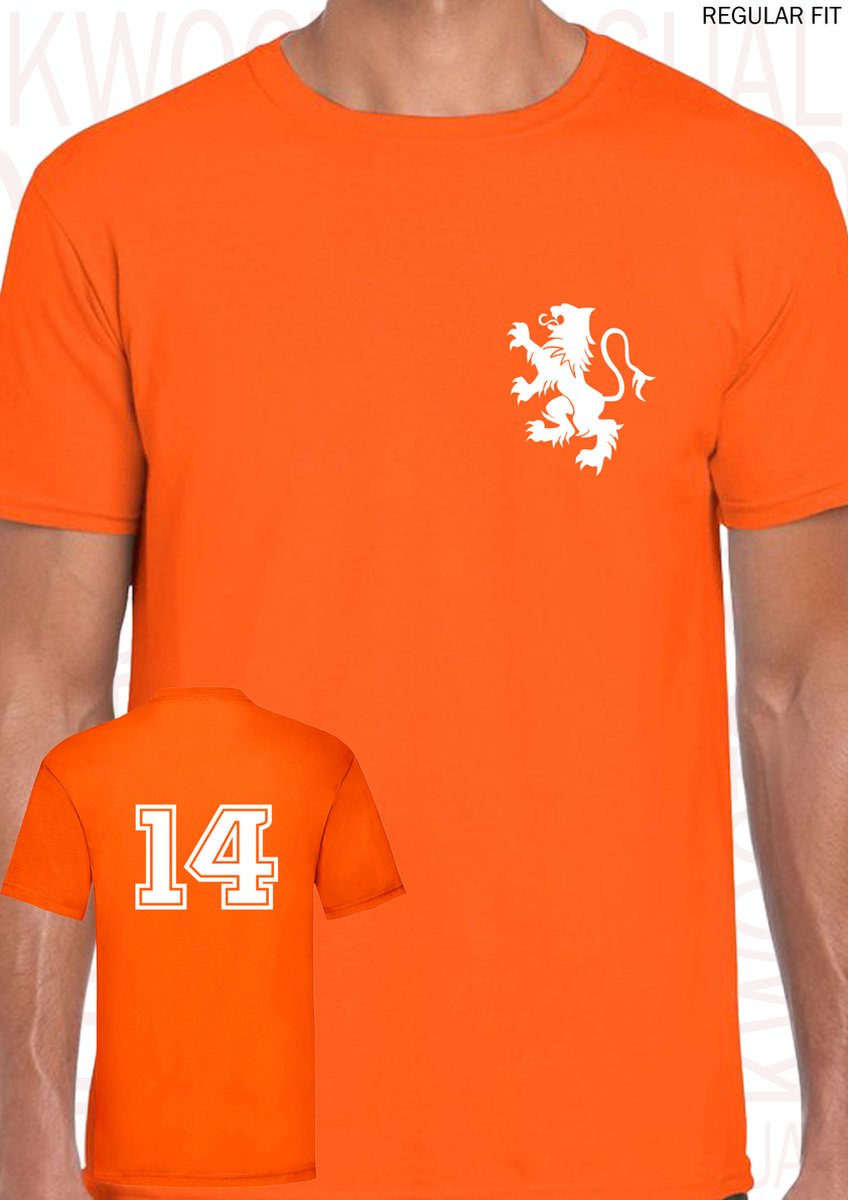 Johan Cruijff heren t-shirt - Oranje met wit - Maat L - Regular Fit - Korte mouwen - Ronde hals -  Legendarische nummer 14 - EK WK voetbal - Nederlands Elftal - Europees voetballer twintigste eeuw