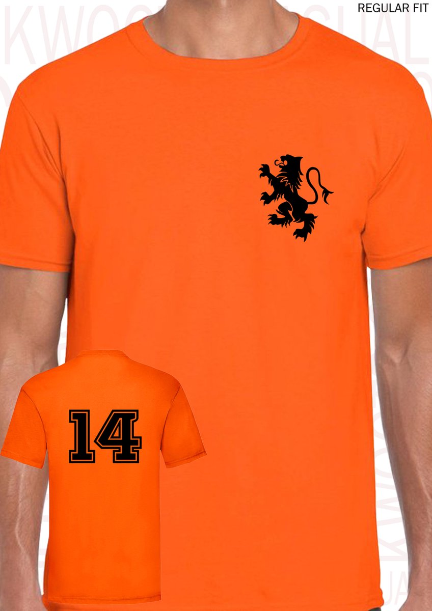 Johan Cruijff heren t-shirt - Oranje met zwart - Maat 3XL - Regular Fit - Korte mouwen - Ronde hals -  Legendarische nummer 14 - EK WK voetbal - Nederlands Elftal - Europees voetballer twintigste eeuw