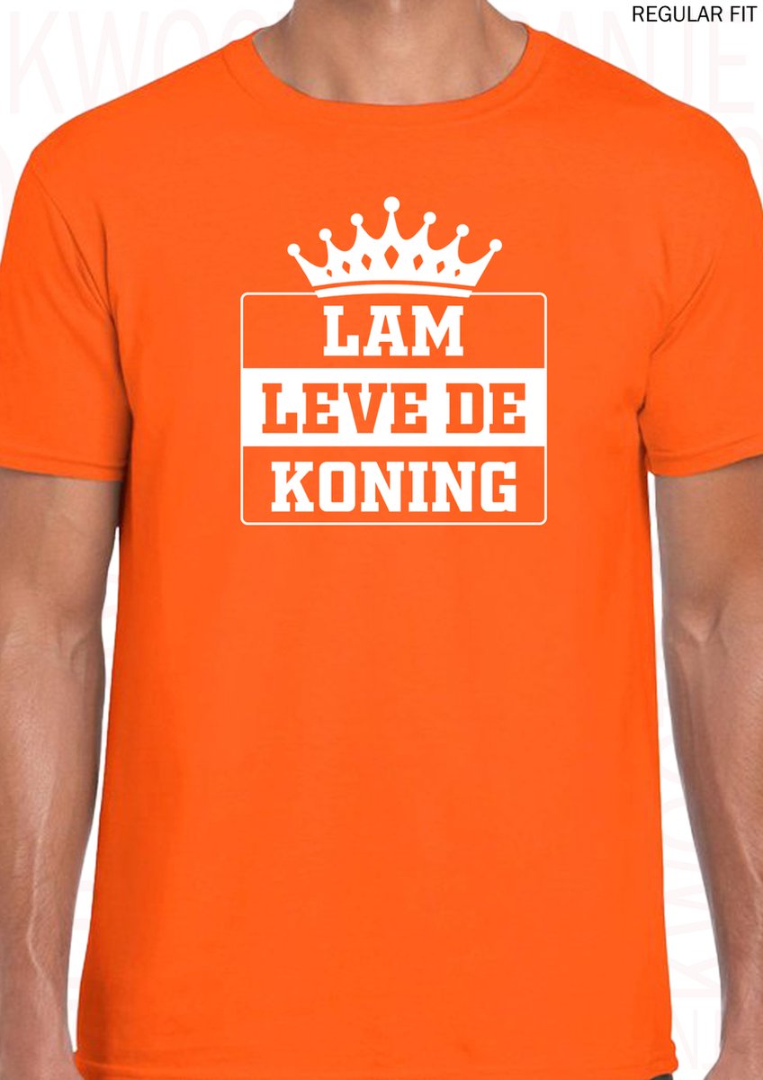 LAM LEVE DE KONING heren t-shirt - Oranje met wit - Maat 3XL - Korte mouwen - Ronde hals - Regular Fit - Koningsdag - Quotes - Kwoots - Lang leve de Koning - Grappige oranje shirt