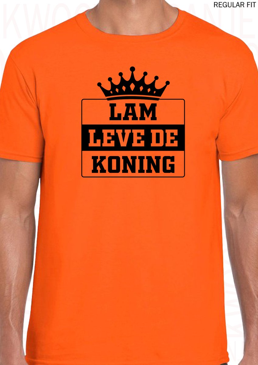 LAM LEVE DE KONING heren t-shirt - Oranje met zwart - Maat 3XL - Korte mouwen - Ronde hals - Regular Fit - Koningsdag - Quotes - Kwoots - Lang leve de Koning - Grappige oranje shirt