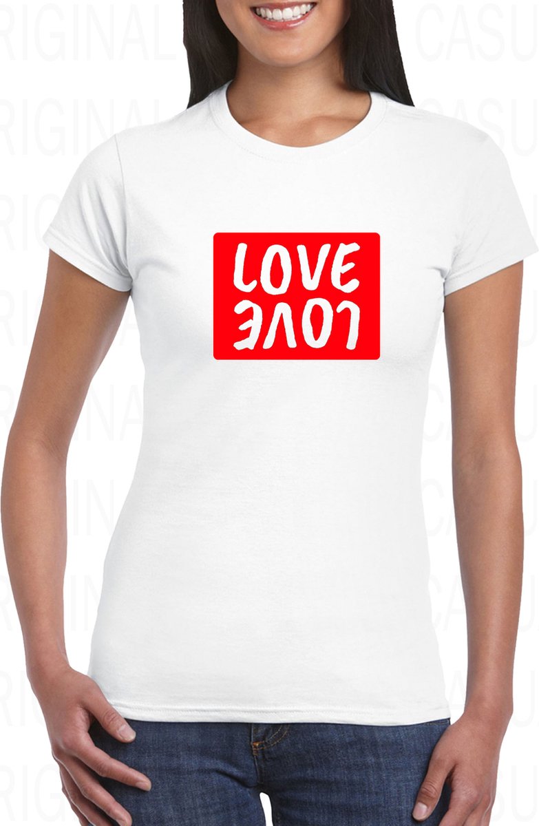 LOVE LOVE damesshirt - Wit - Maat L - Korte mouwen - Ronde hals - Slim Fit - Getailleerd - Original Kwoots