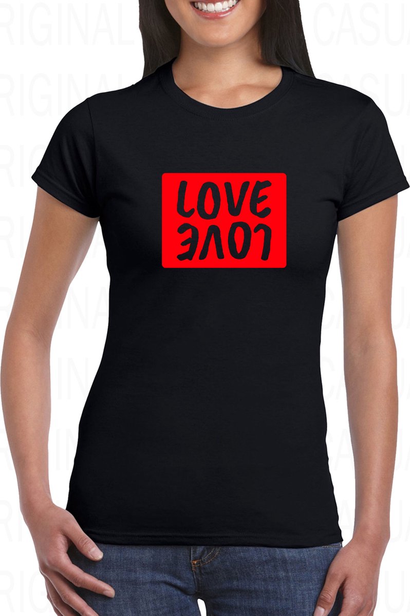 LOVE LOVE damesshirt - Zwart - Maat L - Korte mouwen - Ronde hals - Slim Fit - Getailleerd - Original Kwoots