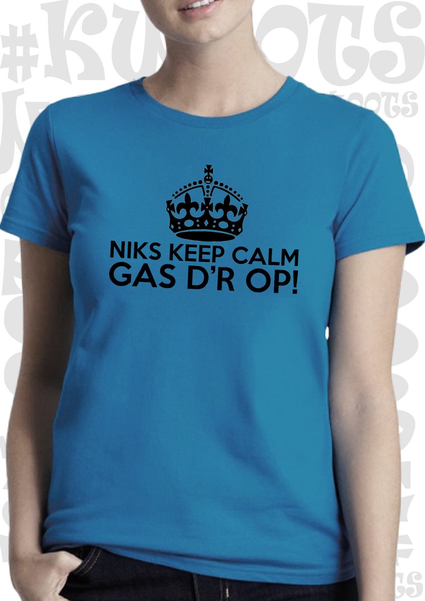 NIKS KEEP CALM GAS DR OP! dames shirt - Azuur blauw met zwart - Maat L - korte mouwen - leuke shirtjes - grappig - humor - quotes - kwoots