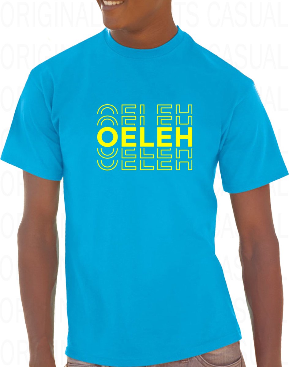 OELEH herenshirt – Maat 3XL - Azuurblauw met geel - Korte mouwen - Ronde hals - Regular Fit - Grappige teksten - Original Kwoots - Humor - Tekst shirt - Cadeau - TikTok - Trending