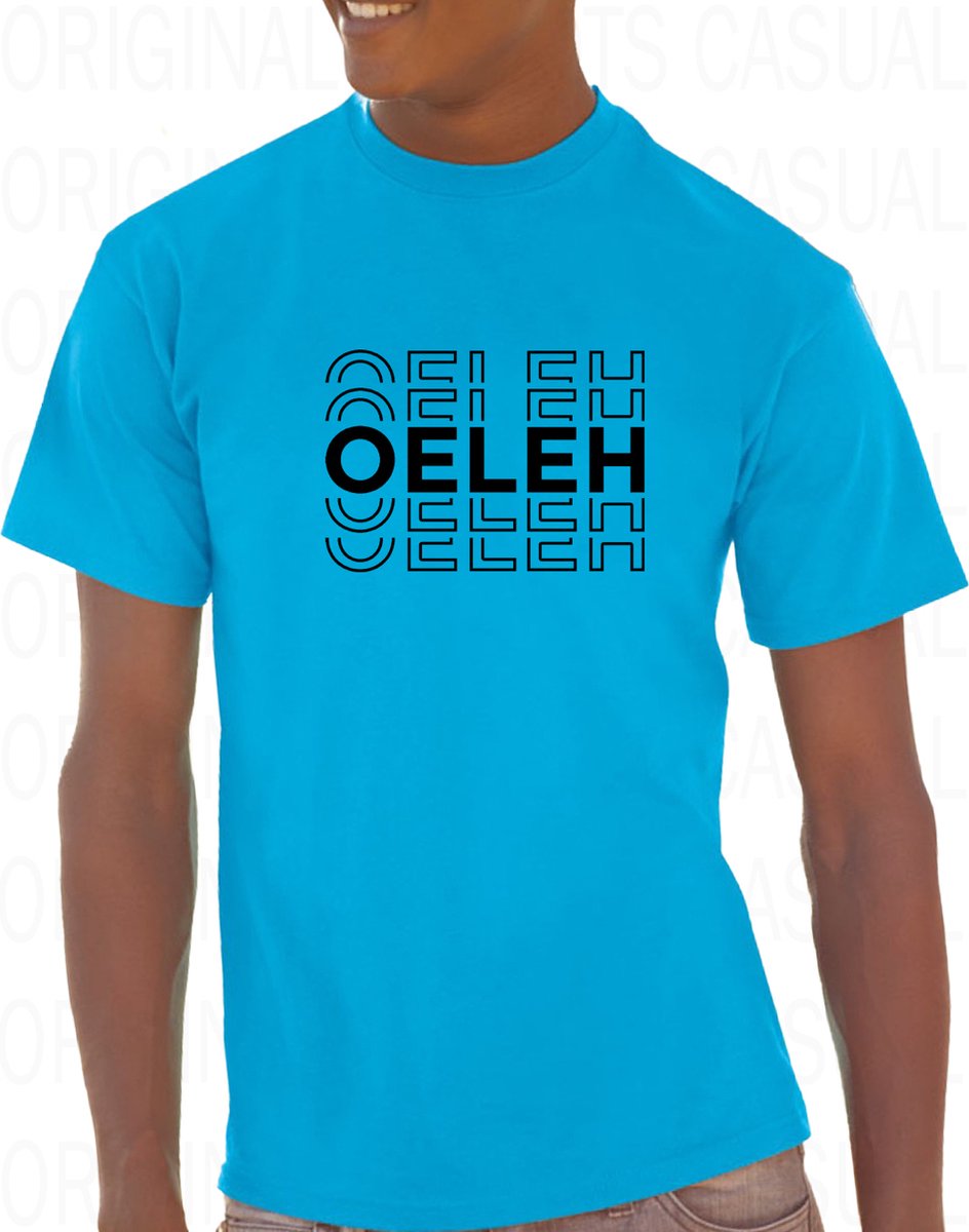 OELEH herenshirt – Maat 3XL - Azuurblauw met zwart - Korte mouwen - Ronde hals - Regular Fit - Grappige teksten - Original Kwoots - Humor - Tekst shirt - Cadeau - TikTok - Trending