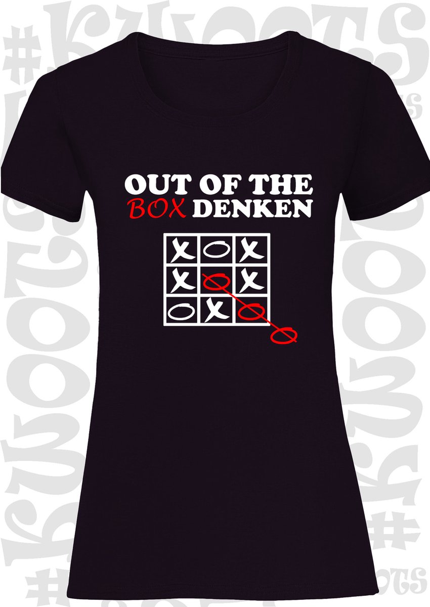 OUT OF THE BOX DENKEN dames shirt - Zwart - Maat L - korte mouwen - grappige teksten - leuke shirts - humor - quotes - kwoots - kado - cadeau - Anders denken