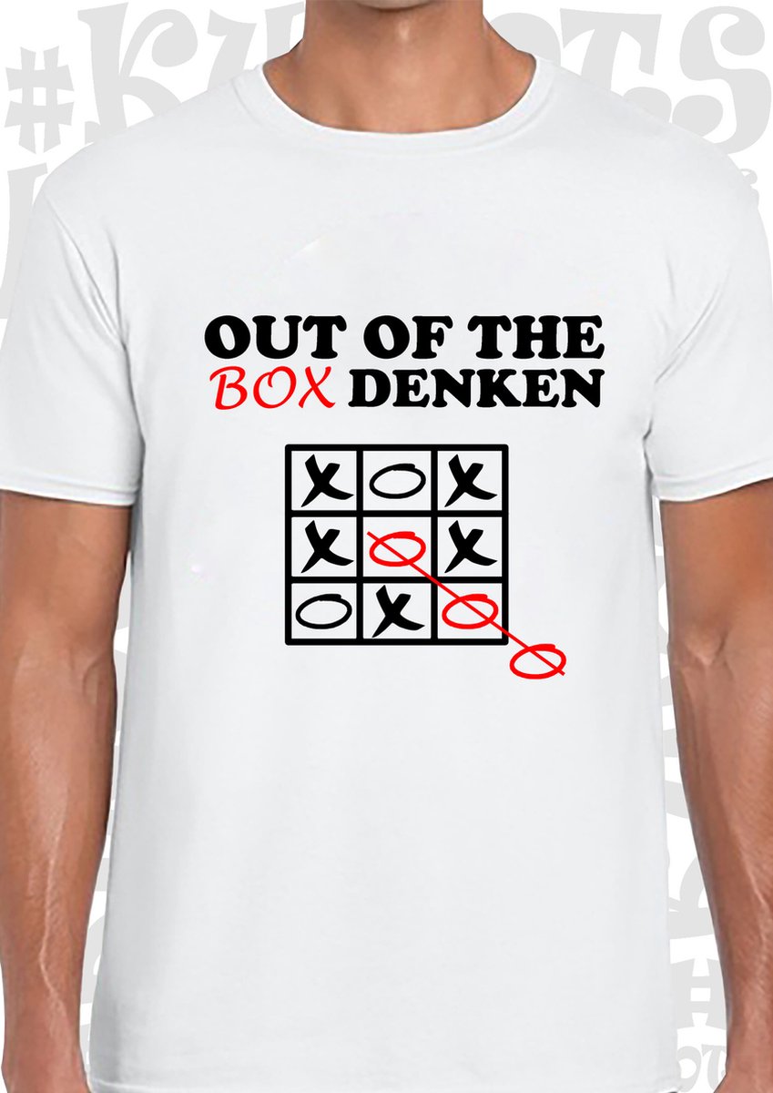 OUT OF THE BOX DENKEN heren t-shirt - Wit - Maat 3XL - korte mouwen - grappige teksten - leuke shirtjes - humor - quotes - kwoots - kado - cadeau - Anders denken dan anderen