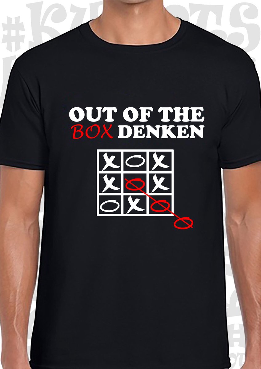 OUT OF THE BOX DENKEN heren t-shirt - Zwart - Maat 3XL - korte mouwen - grappige teksten - leuke shirtjes - humor - quotes - kwoots - kado - cadeau - Anders denken dan anderen