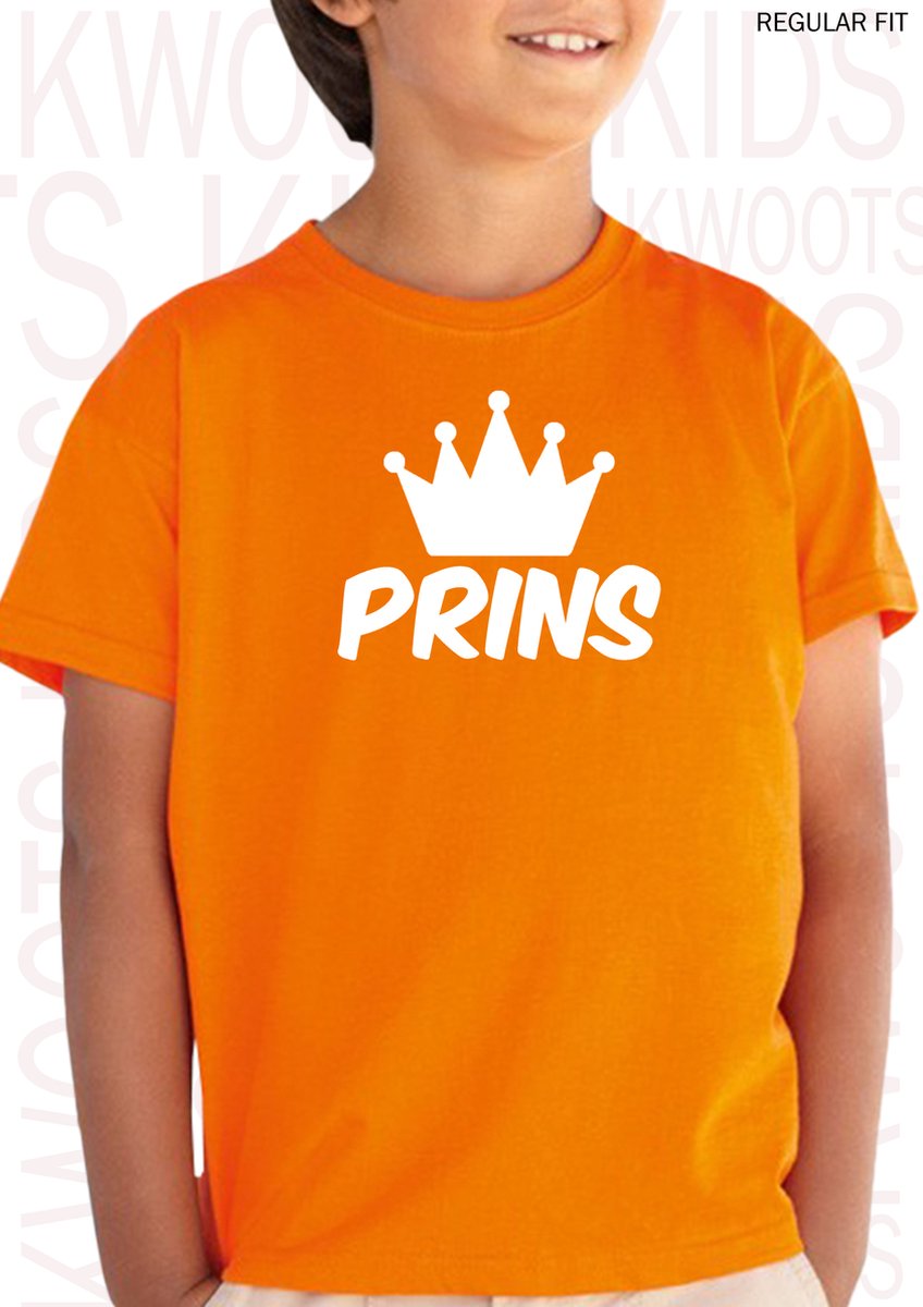 PRINS kids t-shirt - Oranje met wit - Maat 104 - Korte mouwen - Ronde hals - Regular Fit - Grappige teksten - Leuke shirts - Humor - Quotes - Kwoots - Cadeau - Koningsdag - Wij houden van oranje