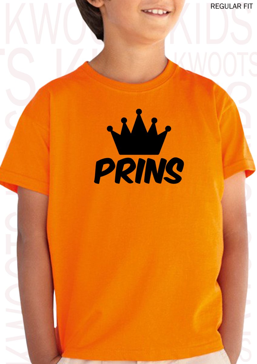 PRINS kids t-shirt - Oranje met zwart - Maat 104 - Korte mouwen - Ronde hals - Regular Fit - Grappige teksten - Leuke shirts - Humor - Quotes - Kwoots - Cadeau - Koningsdag - Wij houden van oranje