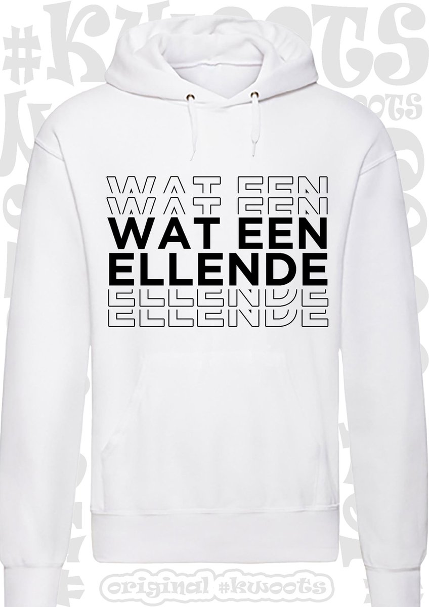 WAT EEN ELLENDE heren hoodie - met capuchon - Wit - Maat L - lange mouwen - leuke hoodies - grappig - humor - quotes - kwoots - wat een puinhoop