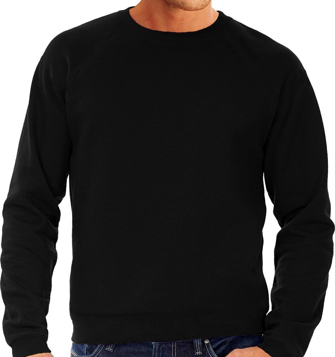 Zwarte sweater / sweatshirt trui met raglan mouwen en ronde hals voor heren - zwart - basic sweaters L (EU 52)