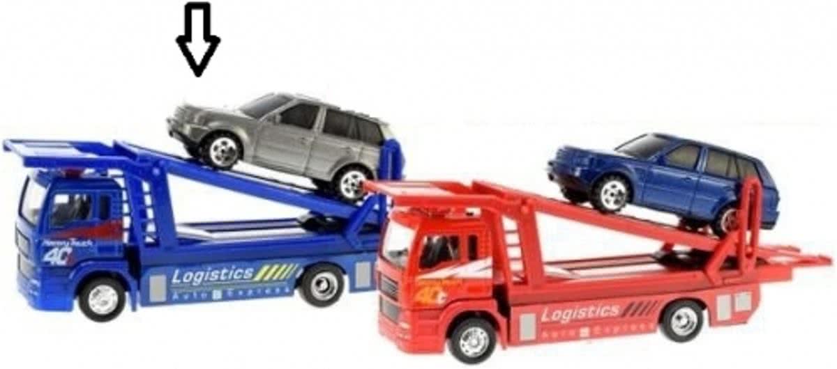 Blauwe die-cast oplegger met auto