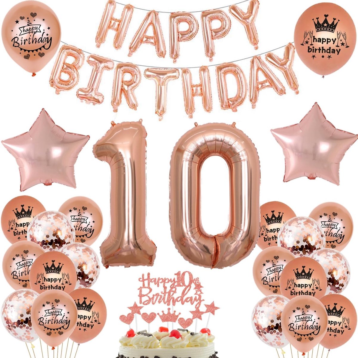 Ballon 10e verjaardag meisje - roségoud - 10 jaar - decoratieset