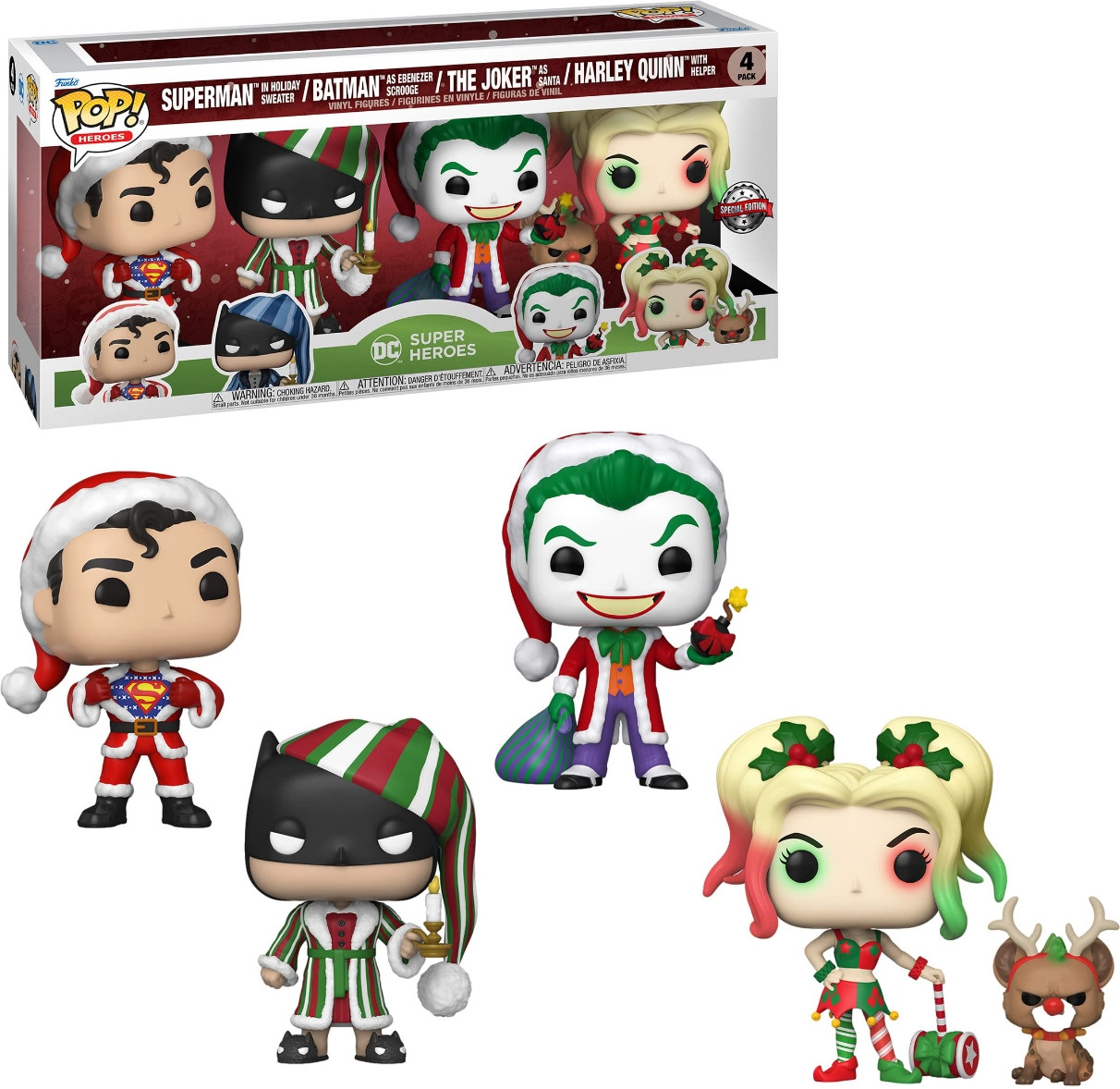 DC Super Heroes   Pop Vinyl 4-Pack: Superman, Batman, The Joker & Harley Quin in Holiday Outfits