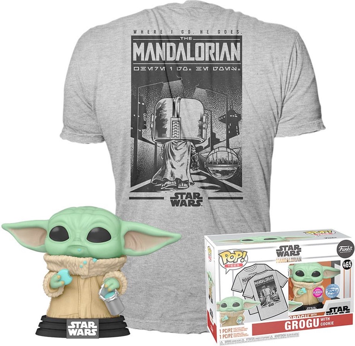   Star Wars Verzamelfiguur & Tshirt Set -L- POP! & Tee Box The Mandalorian Grogu Cookie Grijs