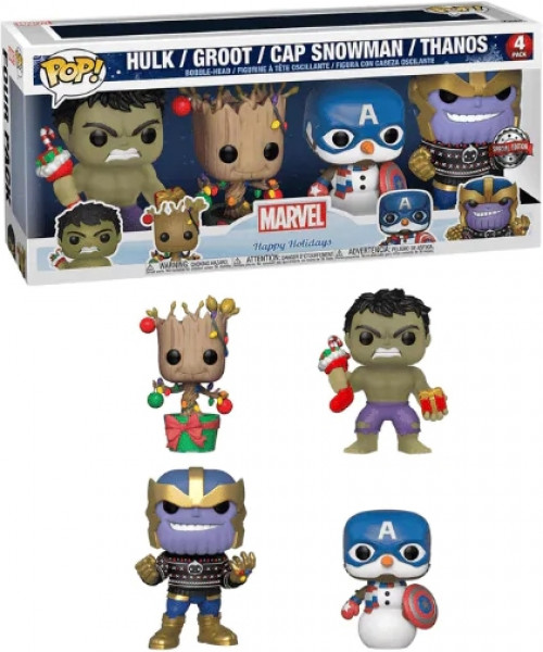 Marvel Holidays   Pop Vinyl 4-Pack: Hulk, Groot, Cap Snowman & Thanos (schade aan product)