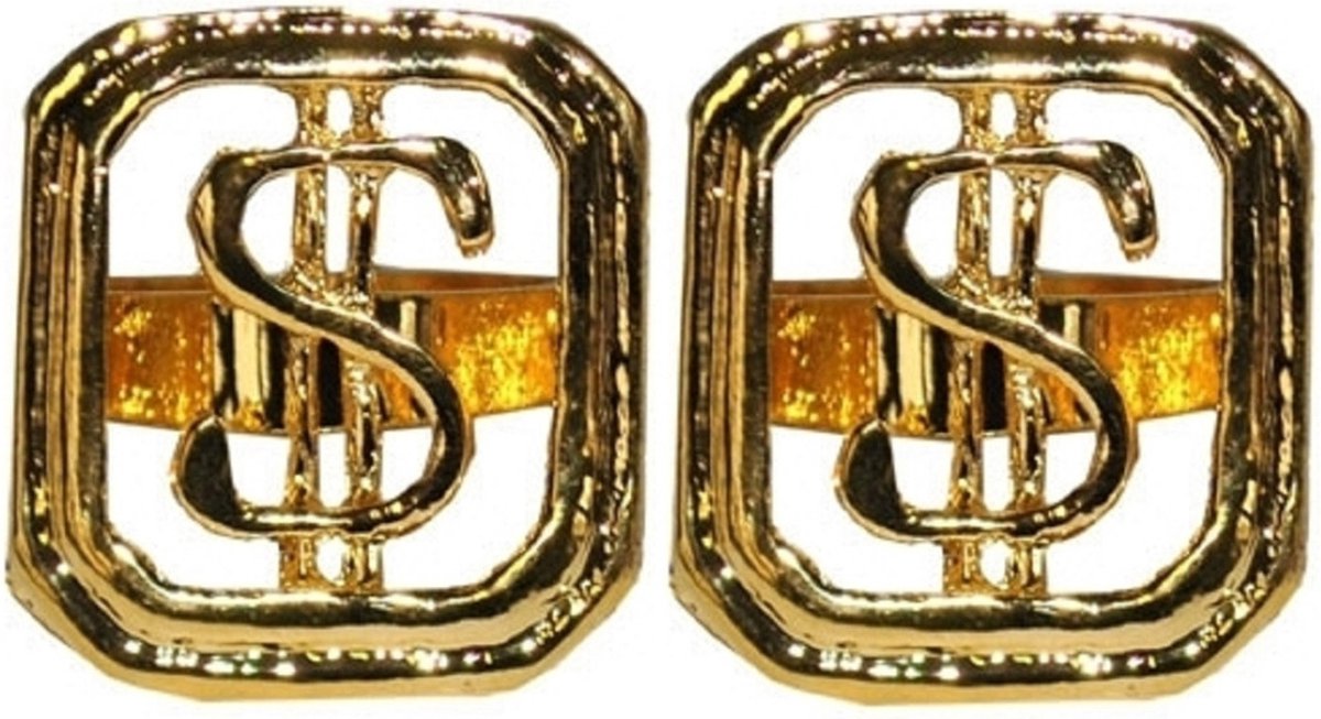 2x stuks carnaval/verkleed spullen - Gouden dollar ring verstelbaar - Gangster/Pimp accessoires