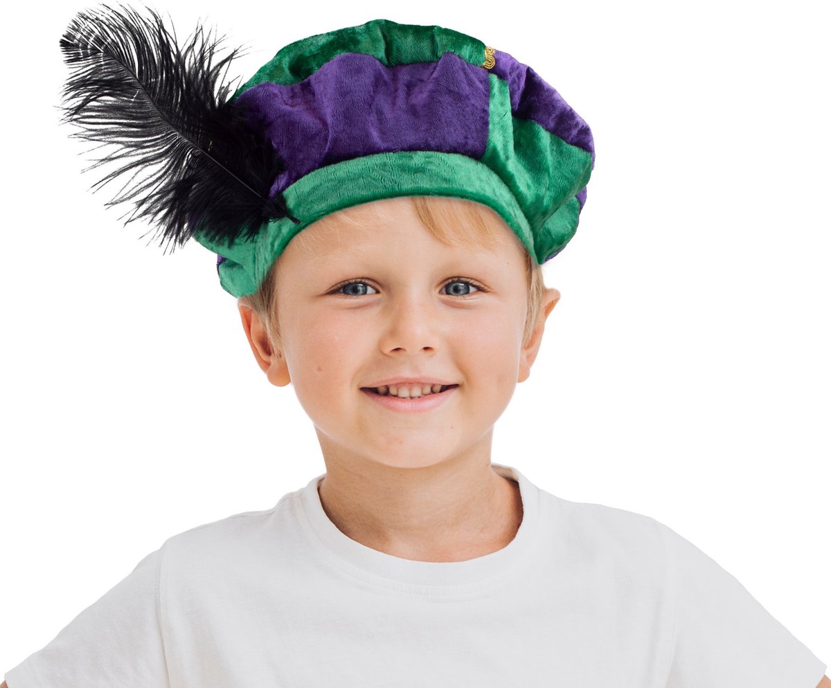 2x stuks luxe pietenmuts/baret groen/paars voor kinderen - Pietenbaret - Sint en Piet verkleedaccessoire