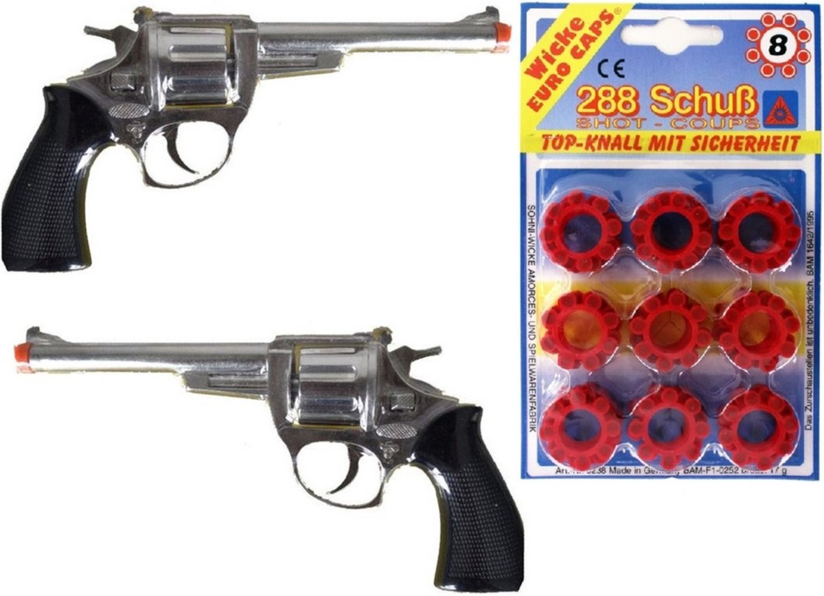 2x stuks plaffertjes speelgoed pistolen/revolvers met 8 schoten magazijn - Cowboy/politie verkleed pistolen - Met 288 shots