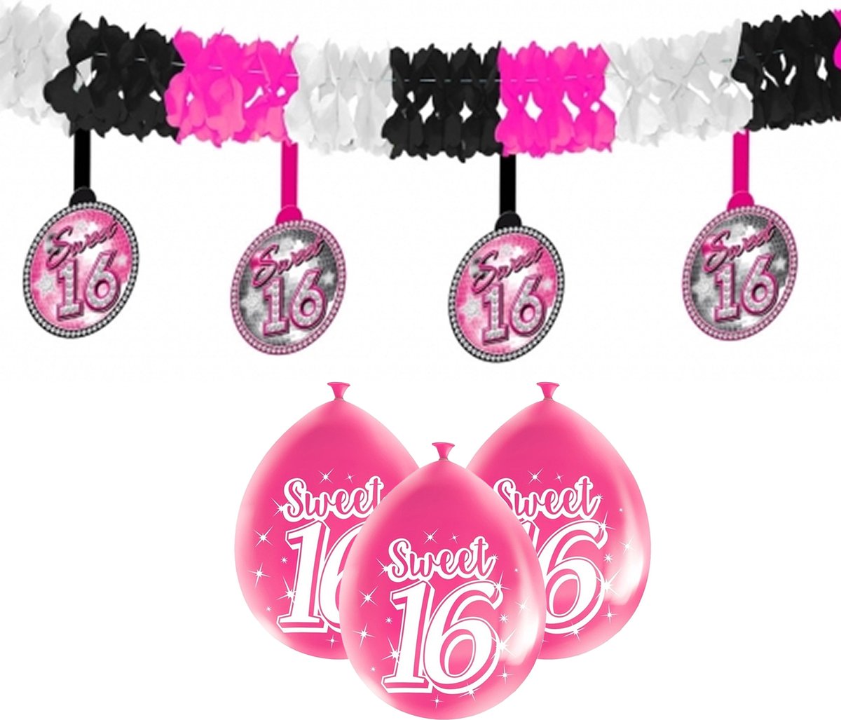 Funny Fashion - Sweet 16 versiering pakket slingers/ballonnen knalroze