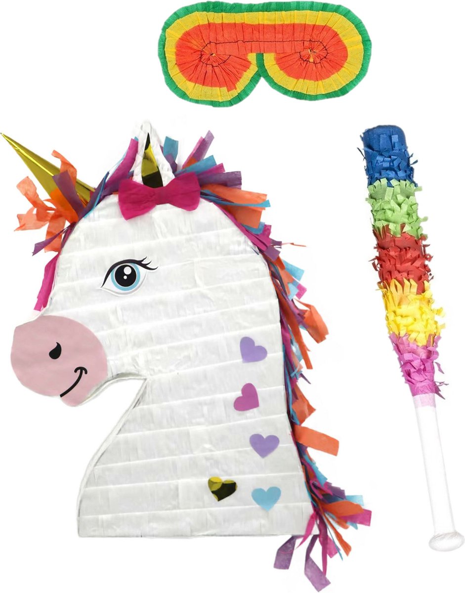 Funny Fashion - Verjaardag Pinata Unicorn/eenhoorn - 42 x 30 cm - set met stok en masker