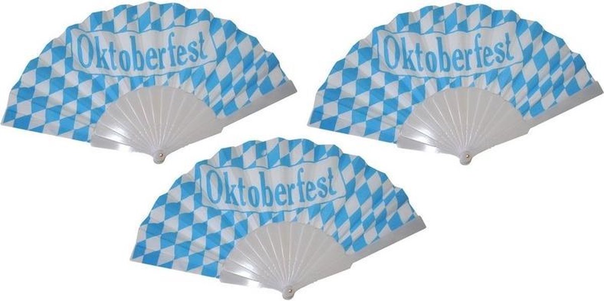 Oktoberfest 3x Beierse waaiers Oktoberfest verkleed accessoire - Bierfeest feest artikelen - Handwaaiers blauw/wit