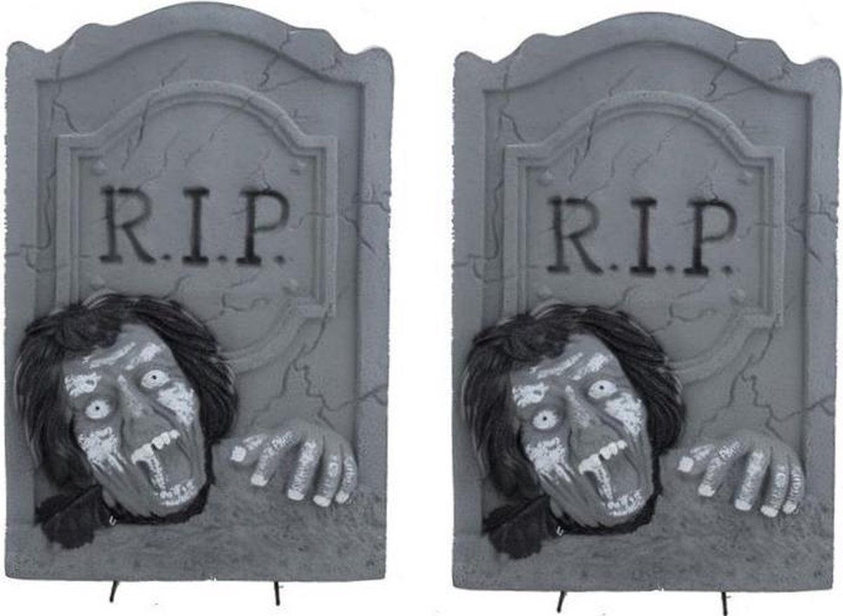 Set van 2x stuks horror kerkhof decoratie grafsteen RIP met zombie 54 x 36 cm - Halloween feestdecoratie en versiering