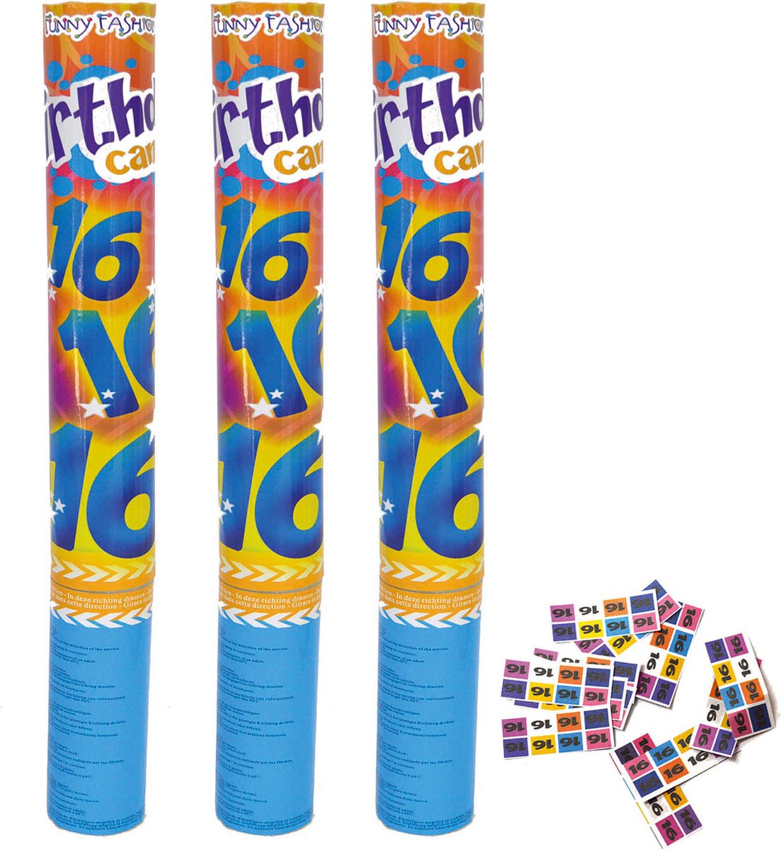 Set van 3 confetti shooters - VERJAARDAG 16 JAAR - lengte 40 cm - met bedrukte confetti 16 jaar - reikwijdte 5-6 meter hoog