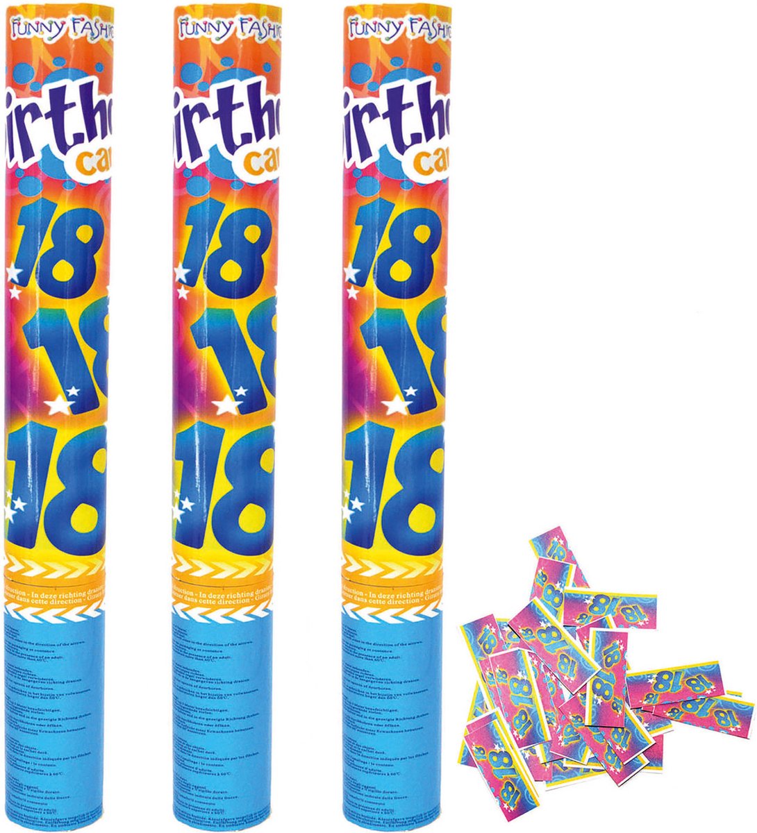 Set van 3 confetti shooters - VERJAARDAG 18 JAAR - lengte 40 cm - met bedrukte confetti 18 jaar - reikwijdte 5-6 meter hoog