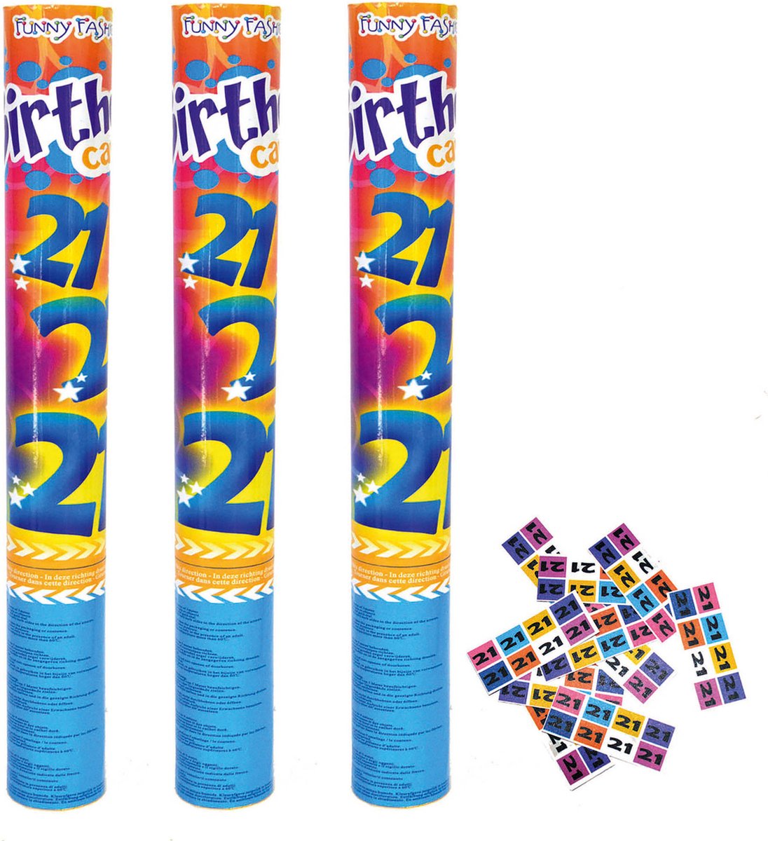 Set van 3 confetti shooters - VERJAARDAG 21 JAAR - lengte 40 cm - met bedrukte confetti 21 jaar - reikwijdte 5-6 meter hoog