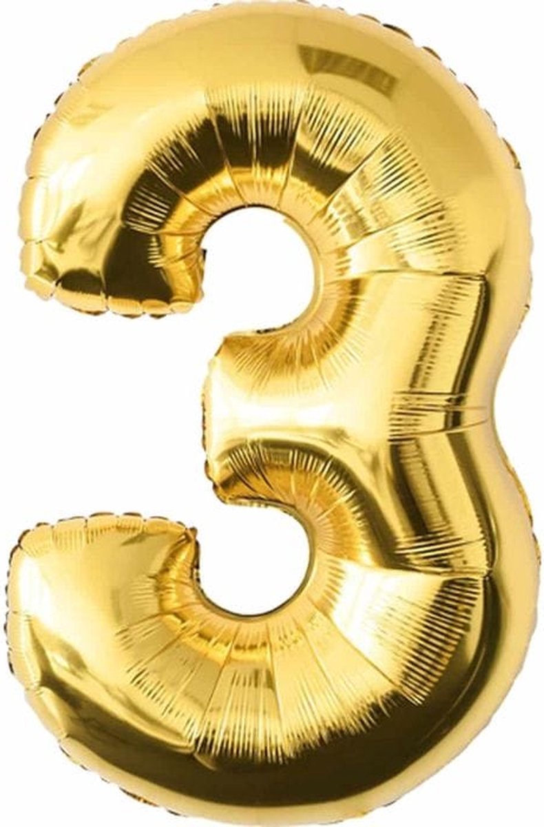 Gouden folie ballon cijfer 3 jaar 86cm inclusief rietje