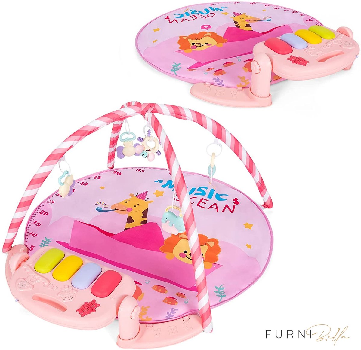 FURNIBELLA - Baby kick and play piano gym, baby 4-in-1 activiteit speelkleed met 5 hangende sensorische speelgoedjes, muzikale piano met verlichting, speelkleed voor buiktijd, zitten, liggen, dragen, ideaal voor 0+ jaar (roze)